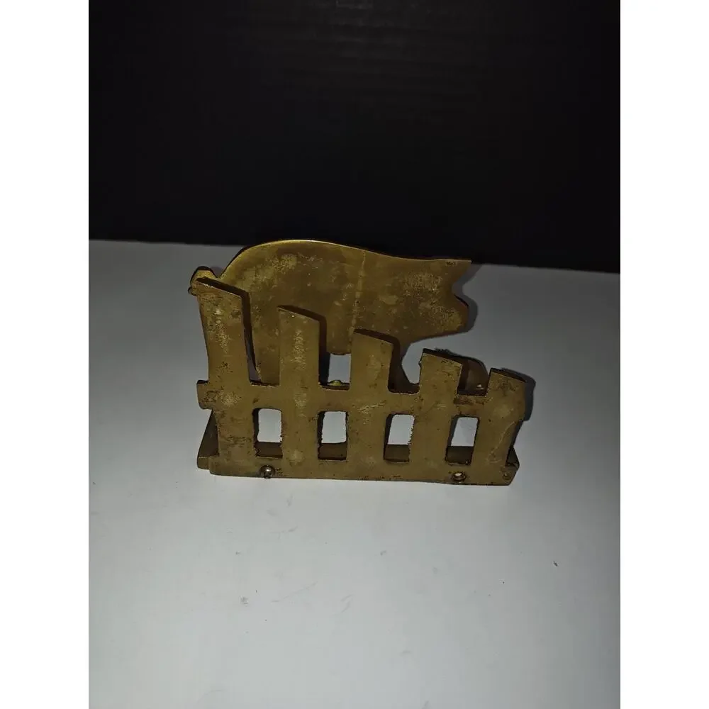 Vintage Brass Farm Pig Family & Fence Napkin Letter Holder Homestead Old Kitchen